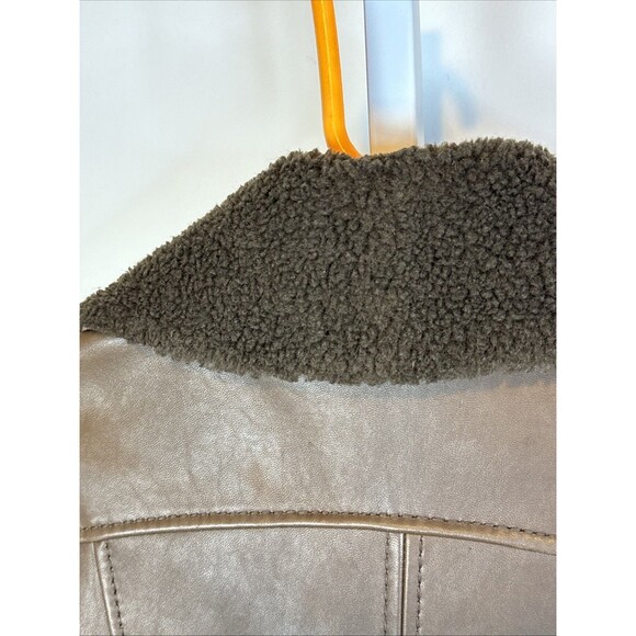 Michael Kors Brown Leather Jacket L Moto Biker Zip Faux Fur Collar Gold Accents - Picture 7 of 10